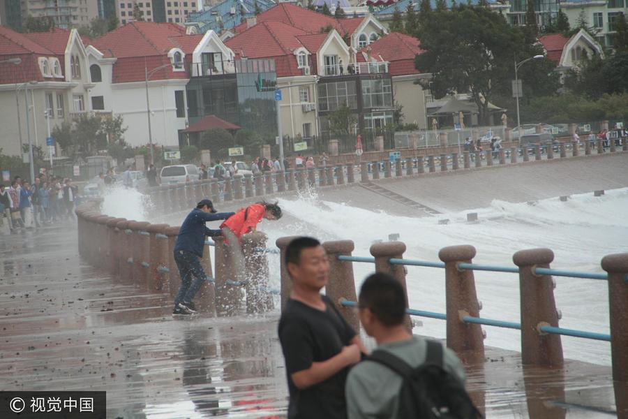 青岛国庆首日遇狂风 游客海边观潮捡海带