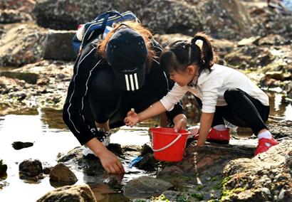 青岛海边吸引众人游玩 外地游客：青岛人真幸福