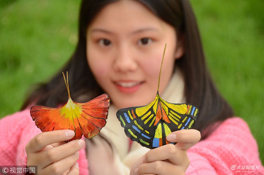 聊城：大学生银杏叶上绘画蝴蝶 栩栩如生