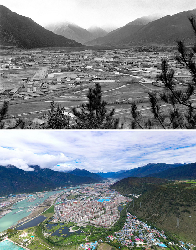 拼版照片:上图是20世纪90年代的西藏林芝八一镇;下图是2021年7月20日拍摄的西藏林芝八一镇风貌。