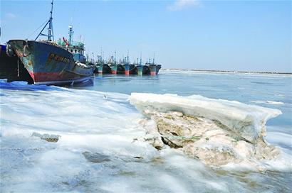 大海上冻冰封渔船 青岛近海渔船全部回港避寒