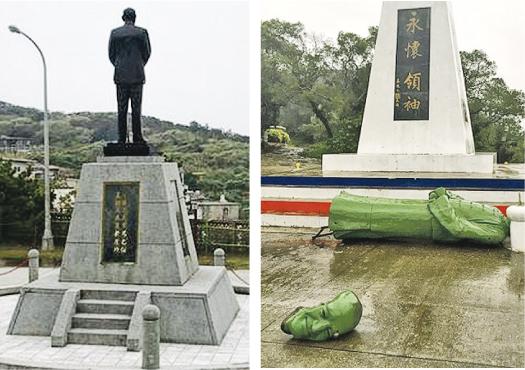 台风“鲇鱼”27日深夜吹倒了竖立在台湾马祖近半世纪的蒋介石铜像。（网络图）