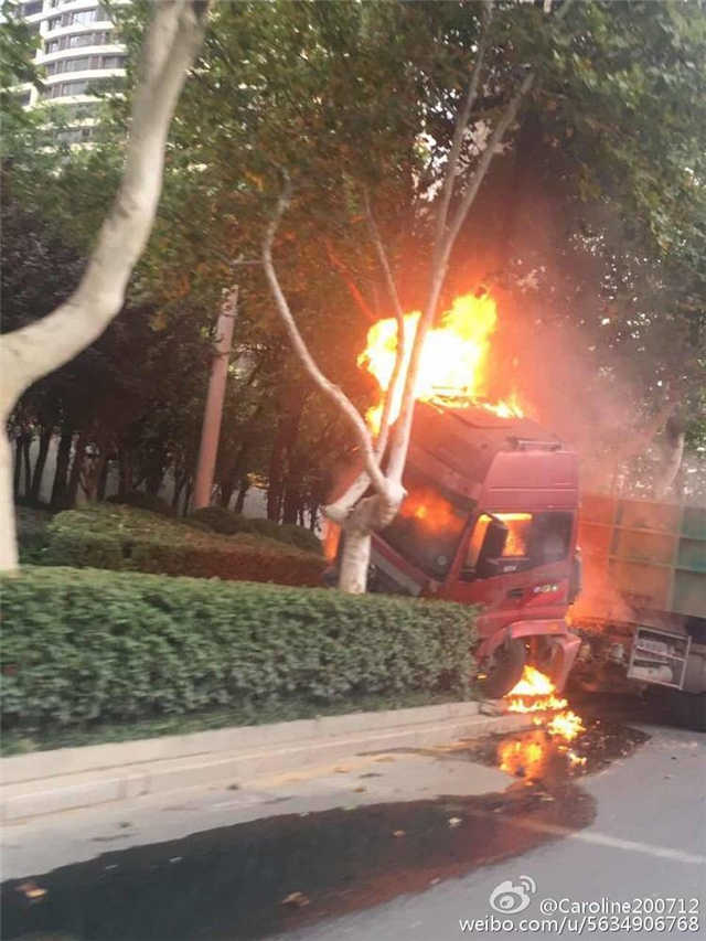 黑龙江中路一货车撞上路边大树 车头冒烟自燃