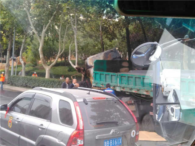 黑龙江中路一货车撞上路边大树 车头冒烟自燃