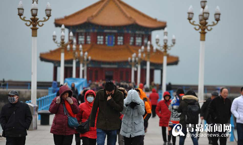 寒潮袭来青岛气温骤降 游客小雪中逛栈桥
