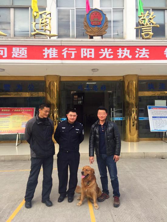 金毛狗狗的主人赶到交警队领回了自己走丢的狗狗，连声感谢民警的帮助。