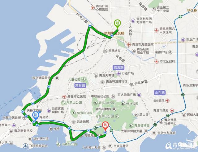 中山公园至青岛长途汽车站(途经青岛火车站)的旅游接驳专线示意图