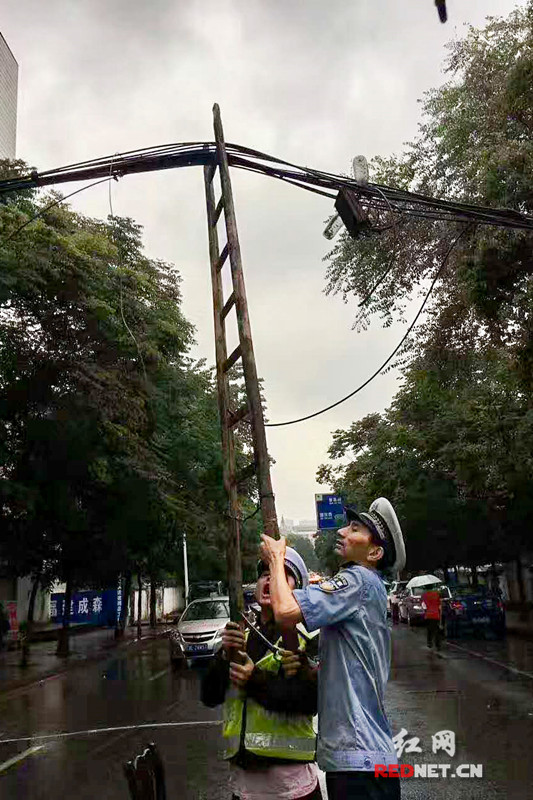 老交警雨中撑起下坠电缆 郴州“托举哥”感动网络