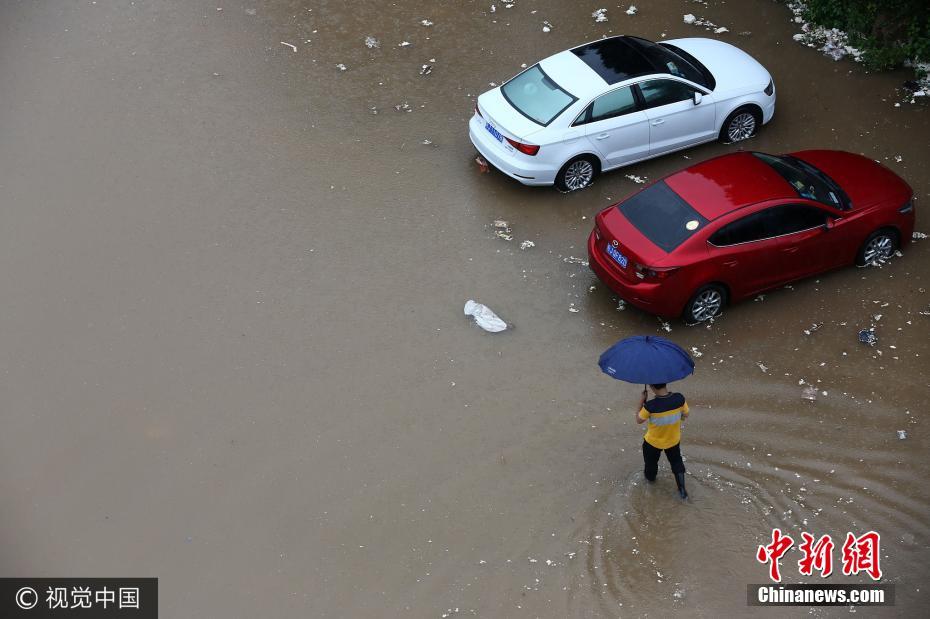 安徽黄山遭遇暴雨天气 停车场变停船场