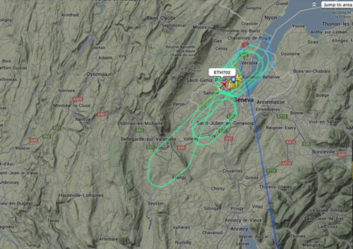 Flightradar24网站提供的埃航702航班飞行路线图，可见该航班在日内瓦周边上空兜圈。