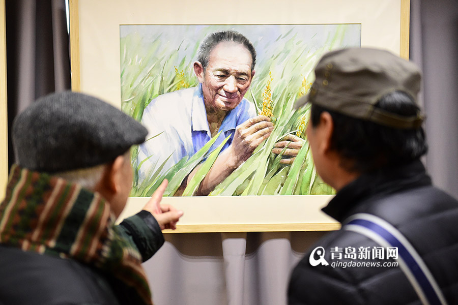 高清青岛画家为海水稻画像袁隆平院士跃然纸上