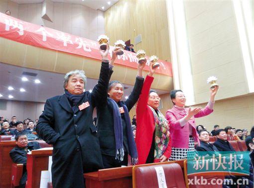 张弘等4名委员从一开始就手举莲花灯整齐摆动,希望得到发言机会,吁请有关部门重视华林寺。