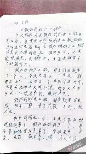 小学生写作文劝别生二胎：妈妈有我一个顶两个