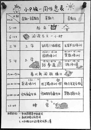 近日，朋友圈里一张“小P孩作息时间表”的图引发了网友热议，按照这张作息时间表，“小P孩”每天从5点起床，一直要各种学习到23点才能睡觉。