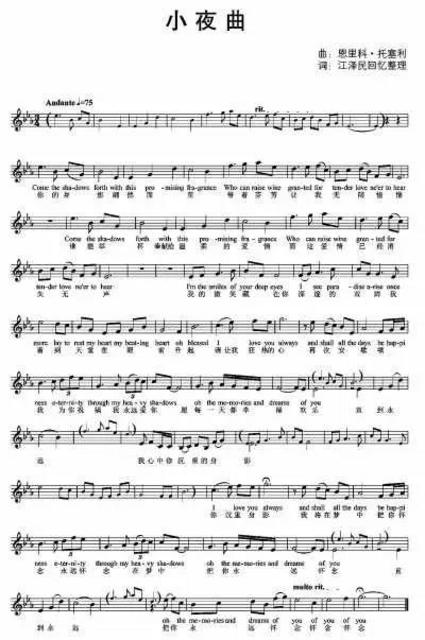 为了恢复失传的托塞利《小夜曲》的英文歌词，江泽民曾遍访京沪等地音乐学院、过去的老同学、老教授等，后来又与人共同追忆，再三推敲、几经修改后，终于在2010年8月，把《小夜曲》的中英文给了李岚清。