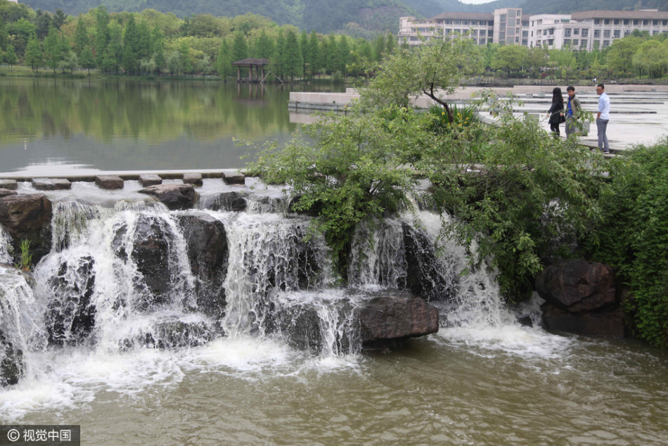 杭州持续降雨 致大学校园现美丽瀑布群(组图)