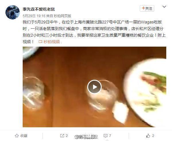 上海餐厅顾客就餐时活老鼠“落”到脖子上