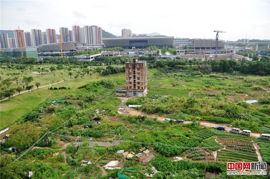 2016年6月13日，广东深圳，深圳龙华新区深圳北站附近，一栋墙体裸露红砖、显得破旧的七层小楼，孤零零地伫立在空地上，犹如一座孤岛，与远处的高楼形成巨大的反差。2011年，广深高铁开通，这栋950平米的建筑，曾被谈到2000多万的补偿款，由于屋主的拒绝，至今仍高耸至此。前不久（6月8日），龙华新区地理位置远不如此的一宗商住混合用地，成交价被拍出140.6亿元，晋升今年全国土地总价新地王。这栋犹如孤岛的七层小楼，重新回到公众的视野。