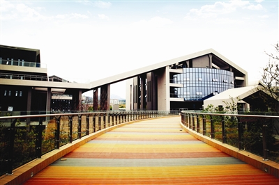 组图：探访青岛六中新校 一座彩虹桥架在当空