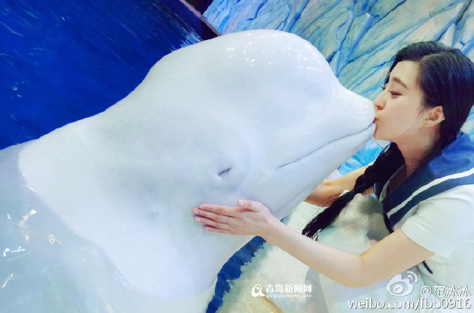 组图：范冰冰亲吻白鲸 水手服麻花辫造型清纯