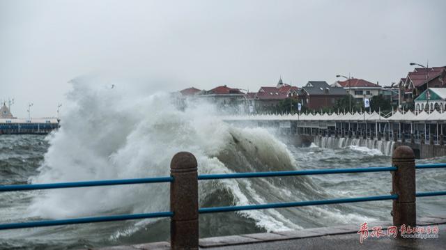 组图:青岛前海沿现巨浪滔天 七大浴场全关闭