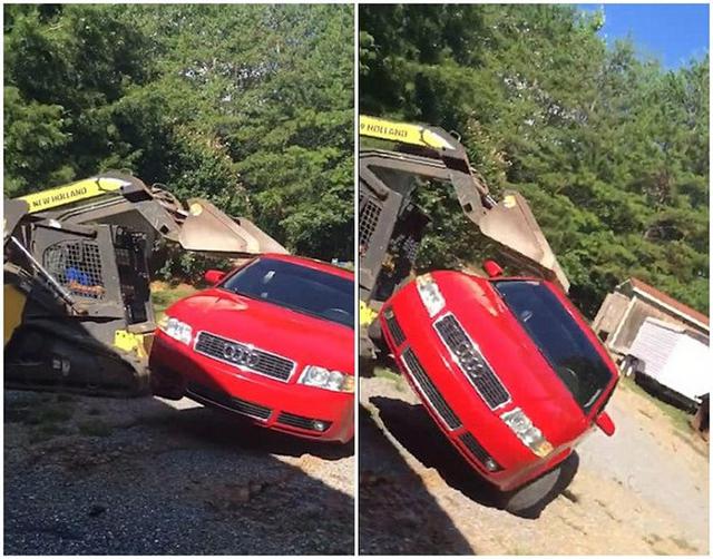 女儿车内偷约会 愤怒老爸开挖掘机砸车至报废 女儿车内偷约会 愤怒老爸开挖掘机砸车至报废