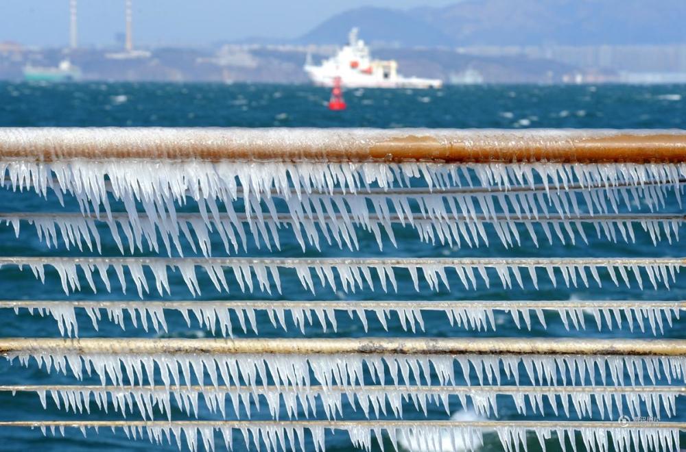 大连10级风力把海水吹上岸 冻出大量冰凌(图)