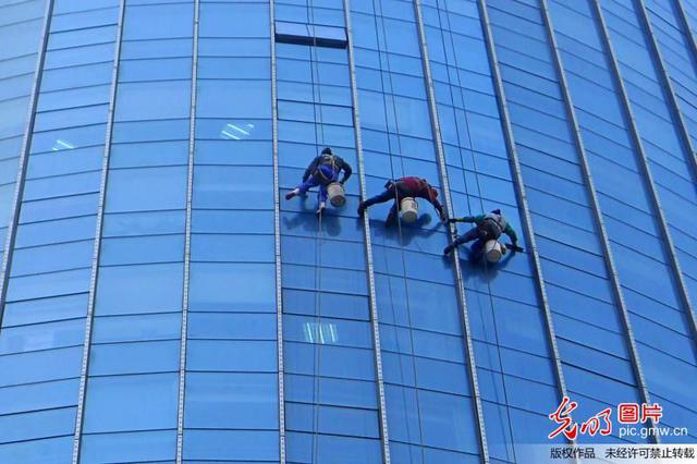 看着眼晕！青岛蜘蛛人高空清洁玻璃幕墙