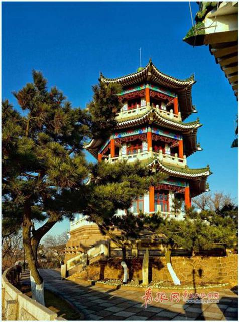 青岛这处亭阁黄昏景色如画