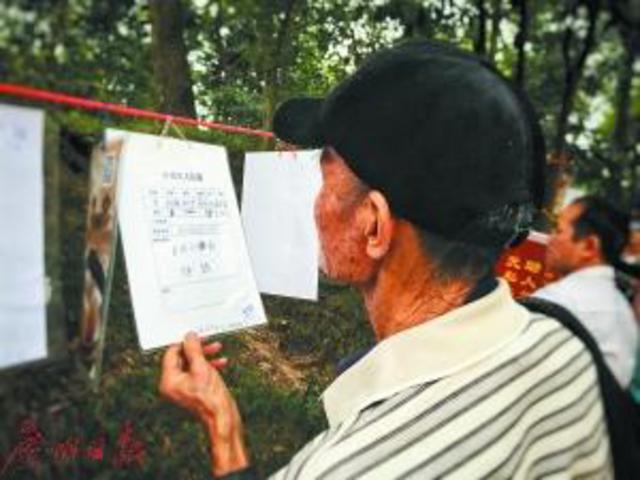 老人在公园相亲角查看资料。