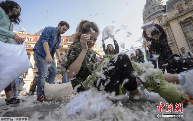 国际枕头大战日 各地“战场”羽毛飞舞