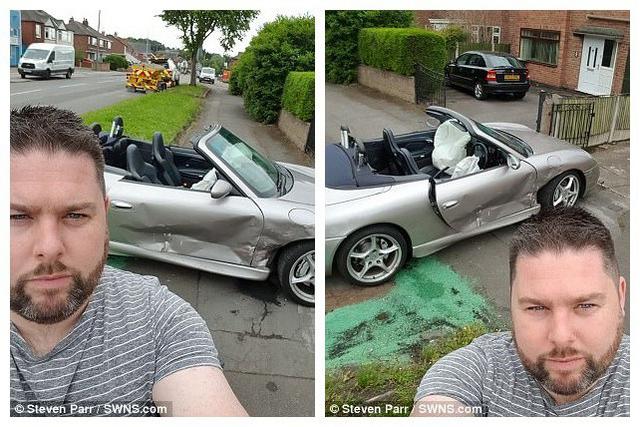 限量保时捷在车祸中被毁 车主冷静自拍(组图)