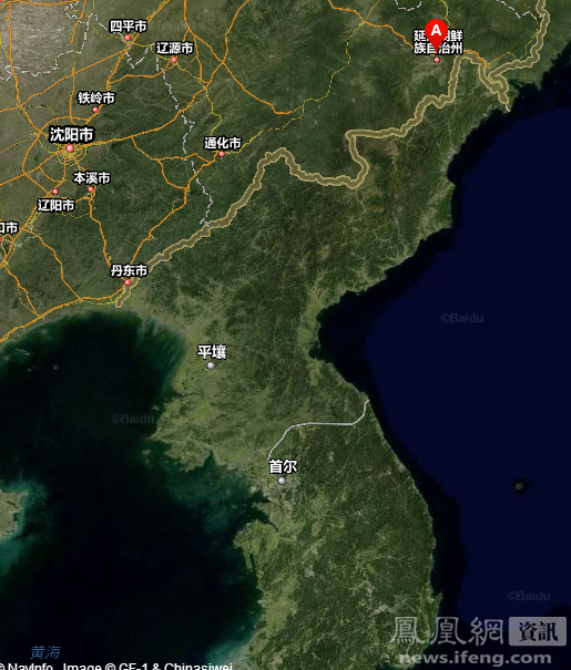 中朝边境线，A点为事发地吉林省延边朝鲜族自治州